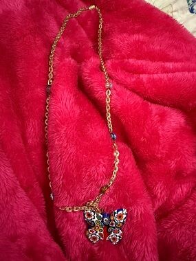 Gold-Tone Butterfly Pendant Necklace with Multicolor Enamel